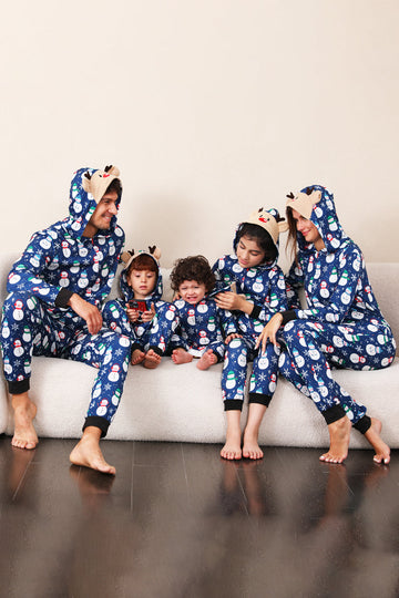 Pijama de una pieza de una pieza de Navidad a juego con estampado de muñeco de nieve azul